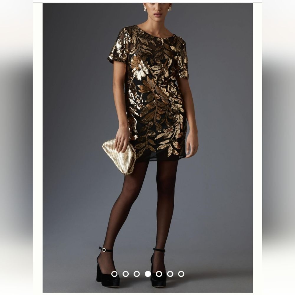 Maeve Anthropologie Short Sleeve Sheer Embellished Mini Dress Black Gold Size SP - Picture 3 of 15